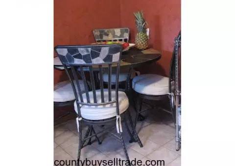 Slate and Wrought Iron Table and Chairs