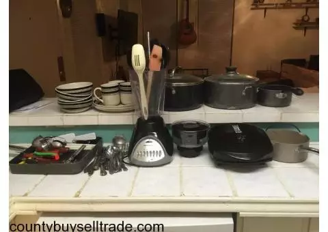Blender, George Forman grill, dishes, silverware, pot, etc