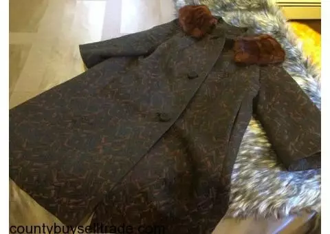 Vintage Black/Brown Brocade Swing Coat, Mink Collar, Retro 50s/60s Large!