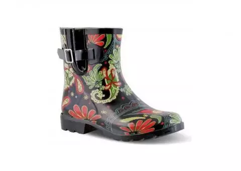 Nomad Paisley Black Dew Rain Boots Women Size 7 LARGE Fit RV $47