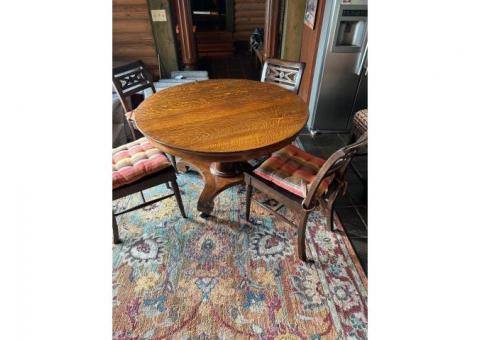 Antique Tiger Oak Pedestal Table and Chairs