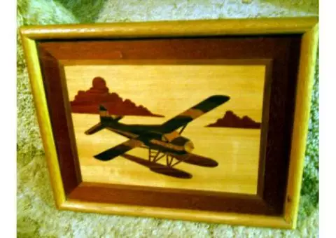Marquetry Wood Inlaid Airplane Picture